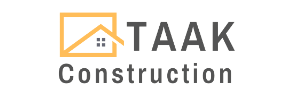 The TAAK Construction logo is a Orange and black stylized letter TAAK with the company name written in bold capital letters in blue below. The logo is set against a white background.