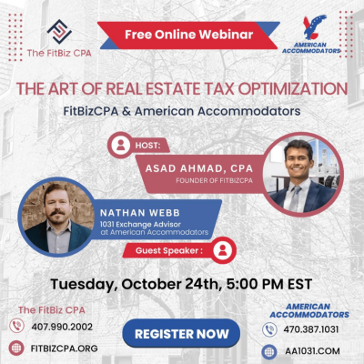 Banner for 'THE ART OF REAL ESTATE TAX OPTIMIZATION' Webinar: A banner featuring a professional real estate scene with vibrant colors, text, and event details.
